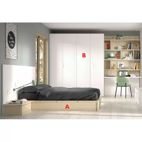 Dormitorio Juvenil F306 de Glicerio Chaves acabado en Ambar, Blanco y Ciprés