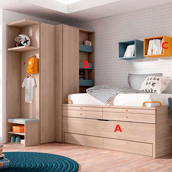 Habitación infantil con cama nido con cajones, armario de rincón, armario  terminal, y escritorio con cajones