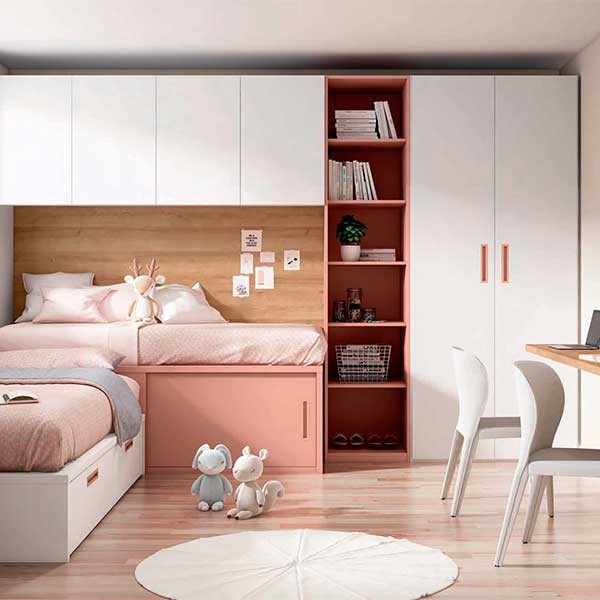 Dormitorio juvenil de línea modular con cama nido, zona de estudio..