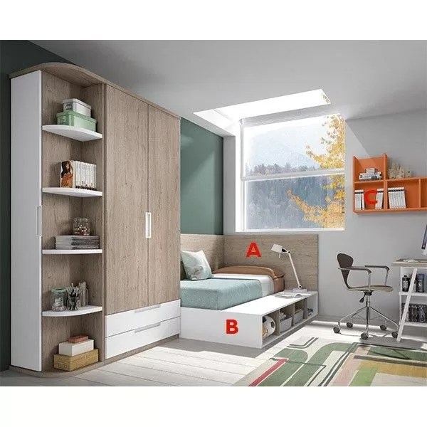 Dormitorio juvenil F510 de Glicerio Chaves acabado en nature, en blanco y naranja